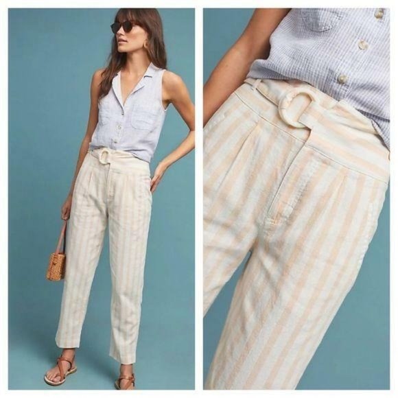 NEW Anthropologie Linen Striped Pink White Oasis Slim leg Belt D-Ring Pant SZ 2 - Picture 2 of 7
